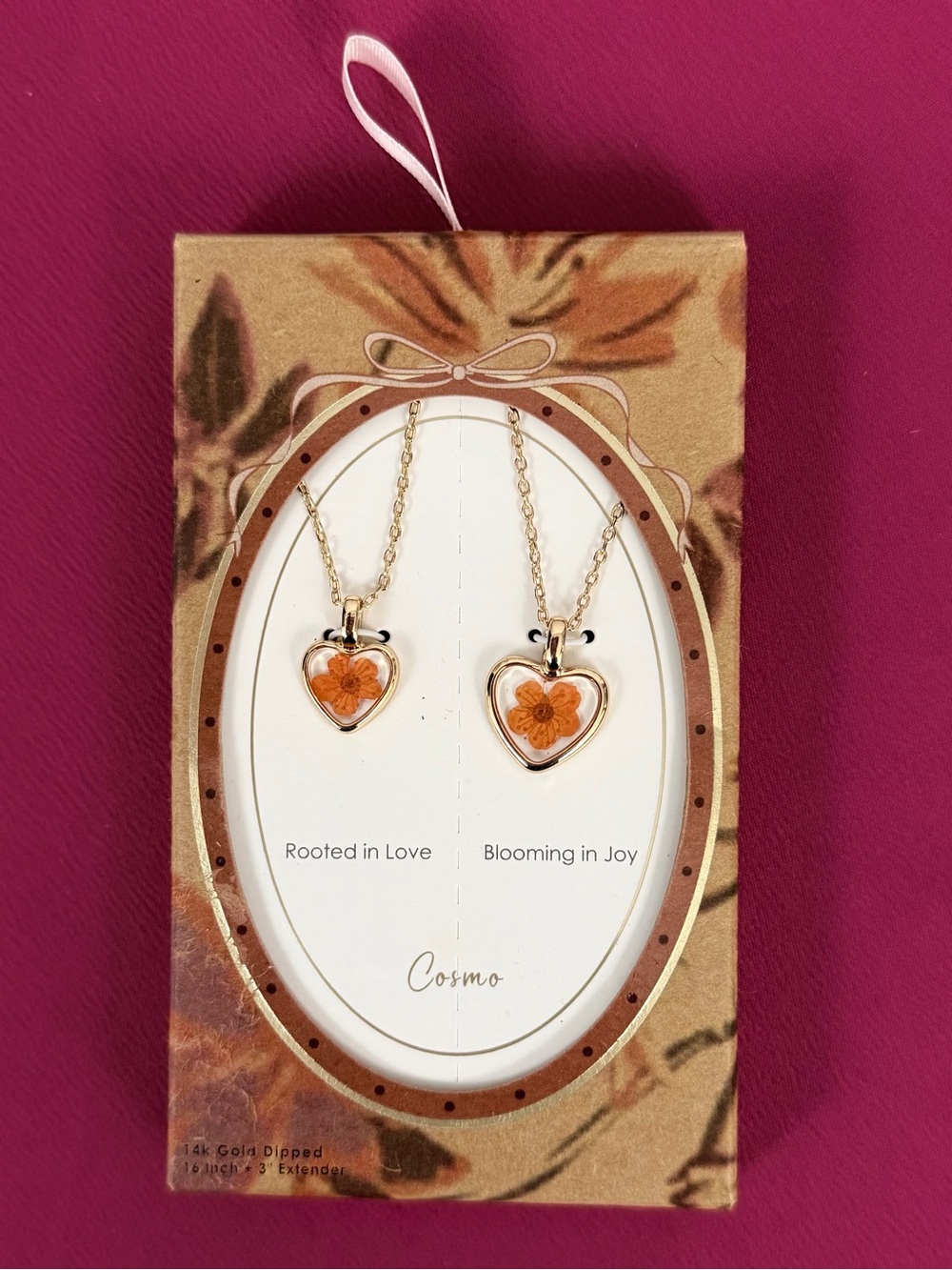 14K Gold Dipped Heart Necklace Matching Set w/Pressed Cosmo Flowers 16”w/3”ext.